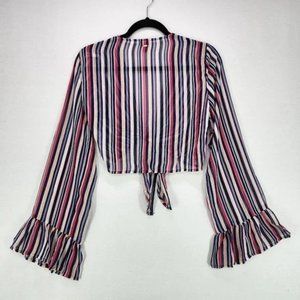 Cropped Sheer Top Adult Large Long Sleeve Ruffle Striped Tie Front Womens